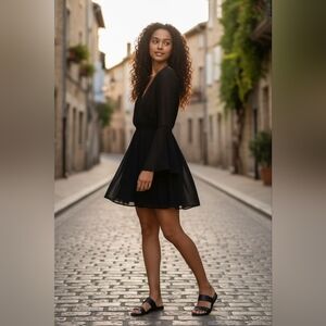 Vintage Audrey Women's Black Sheer Bell Sleeve V-neck Lined Dress‎ Size SM